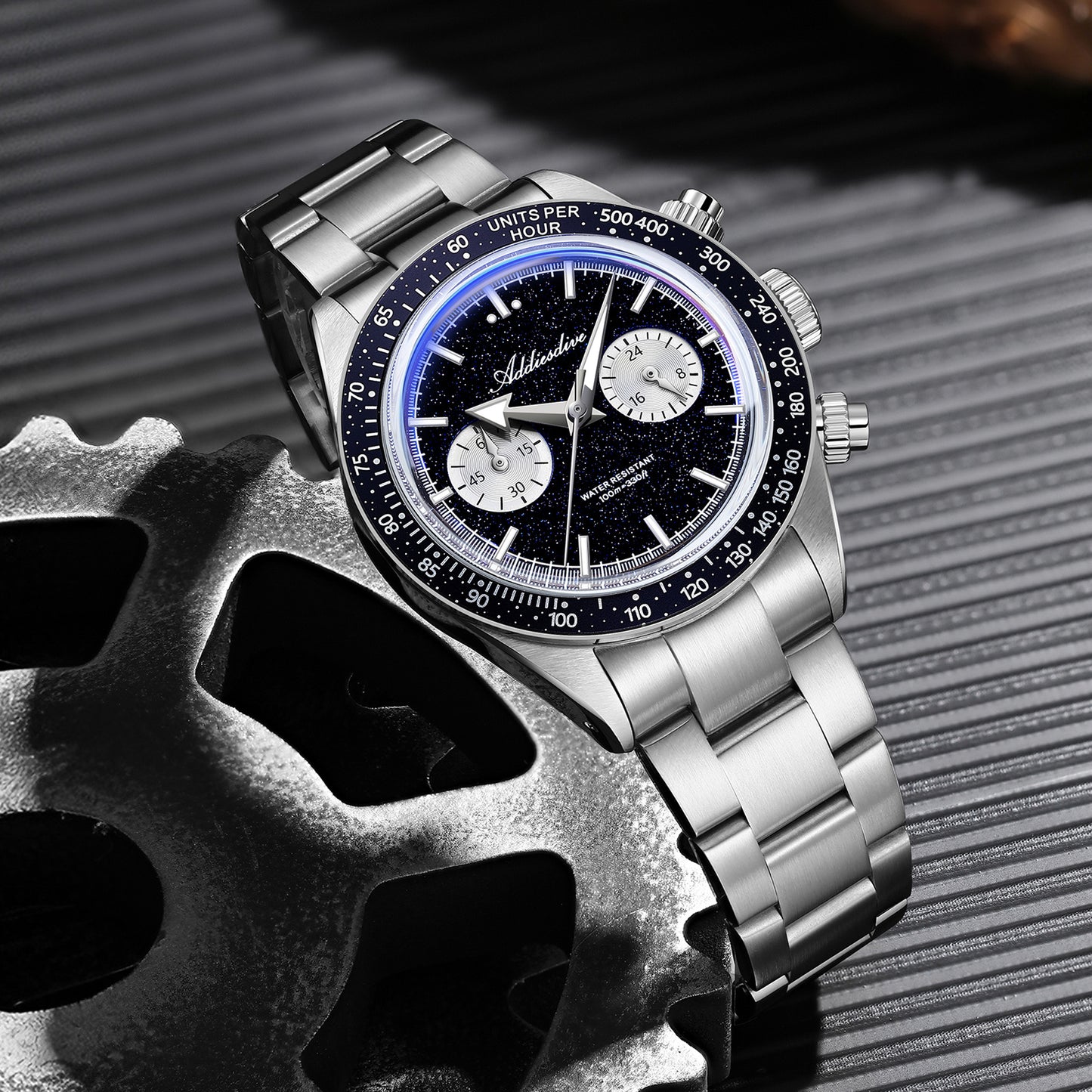 Orologio cronografo ADDIESDIVE 40mm con quadrante in pietra stellaria blu (Blue Goldstone) e movimento VK64 AD2558