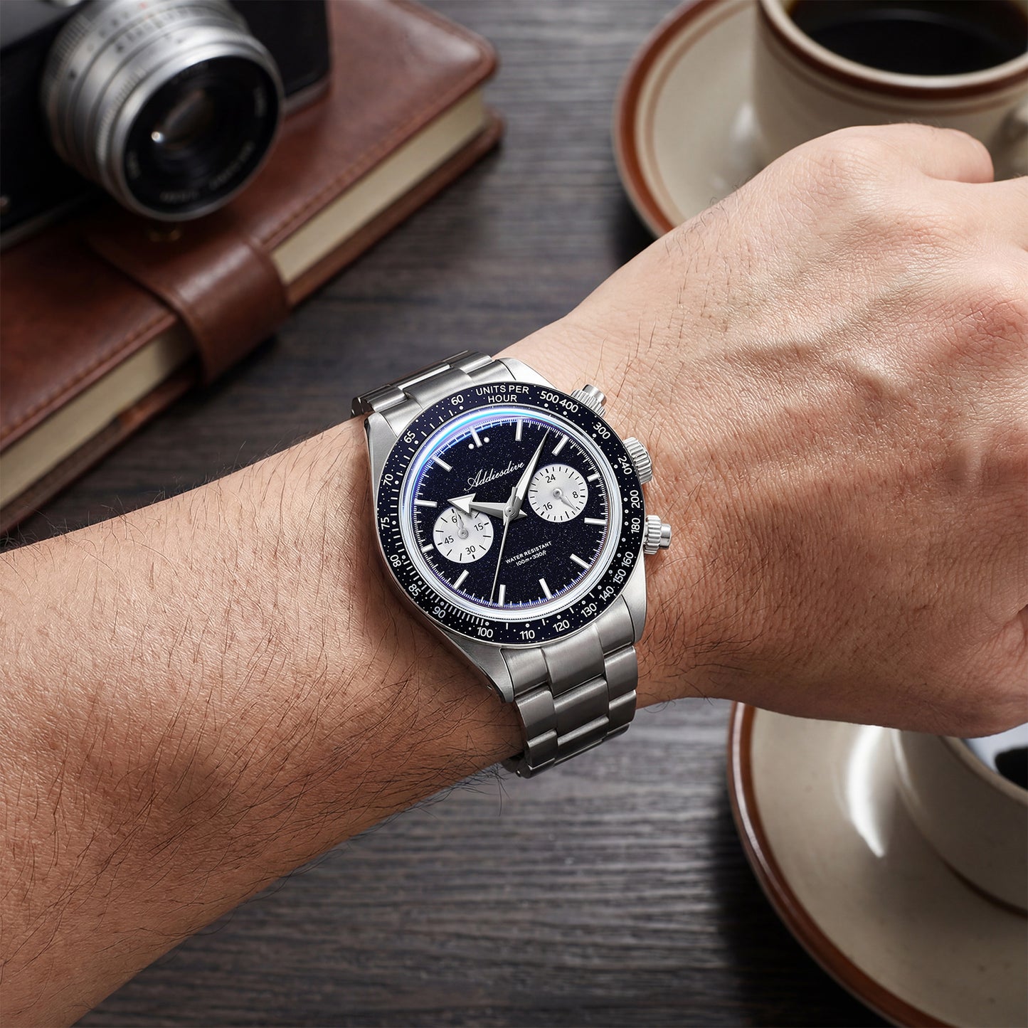 Orologio cronografo ADDIESDIVE 40mm con quadrante in pietra stellaria blu (Blue Goldstone) e movimento VK64 AD2558