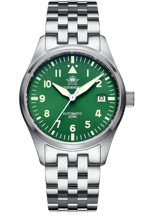 ADDIESDIVE MY-H2 automatico con quadrante verde, indici ad alta leggibilità e bracciale in acciaio