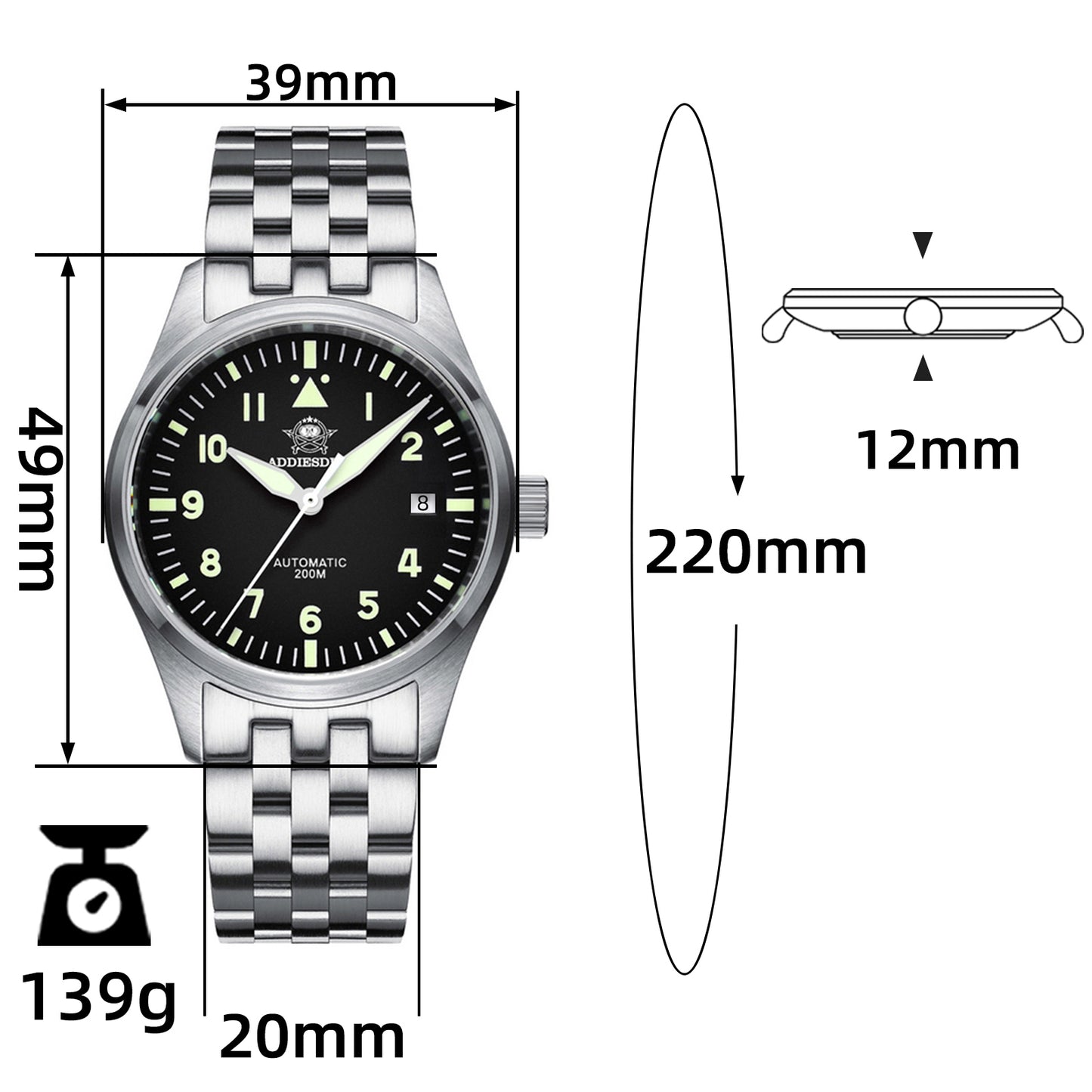 ★Magazzino Italia★ADDIESDIVE AD2519 Subacqueo Retro | 200M, Automatico, Zaffiro