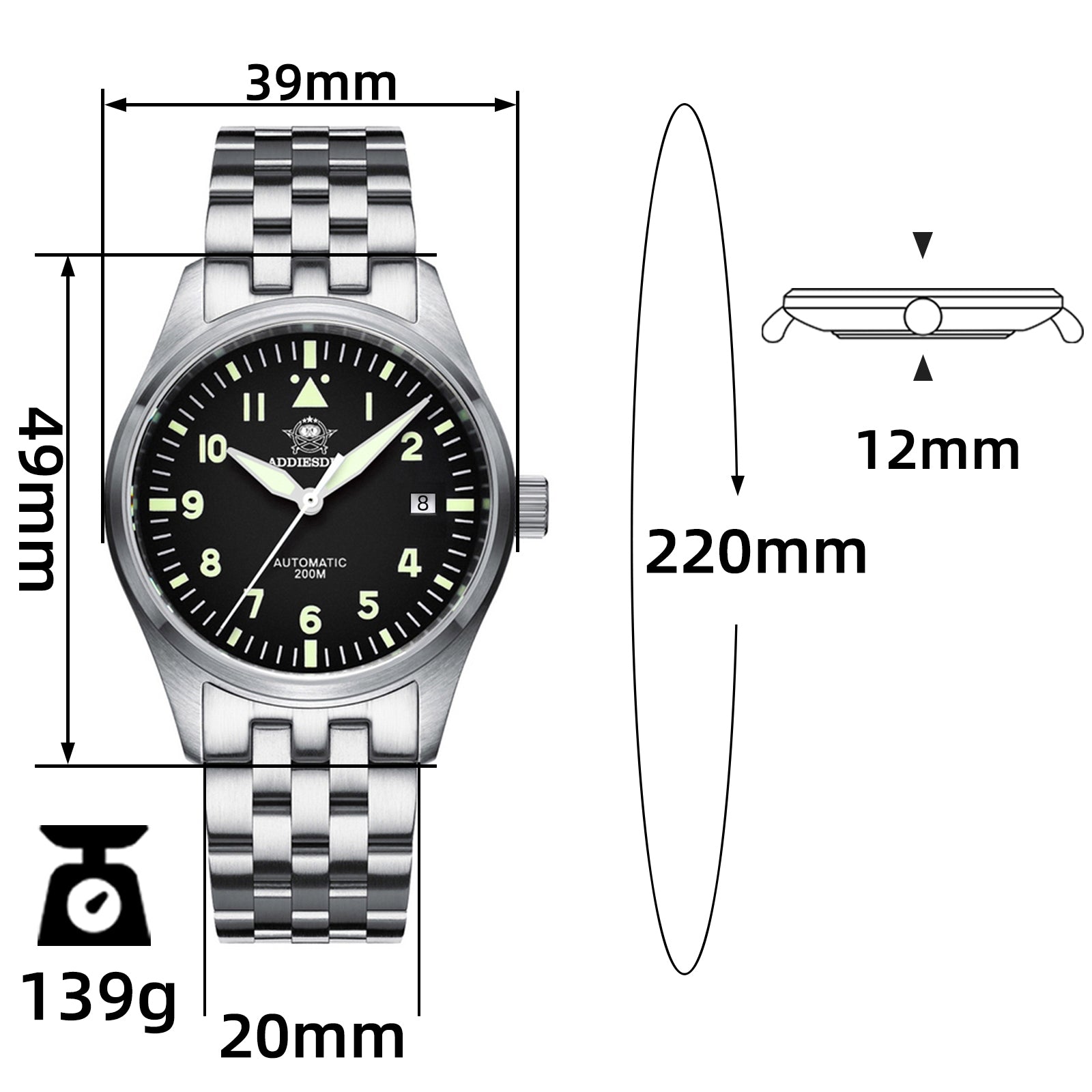 ★Magazzino Italia★ADDIESDIVE AD2519 Subacqueo Retro | 200M, Automatico, Zaffiro
