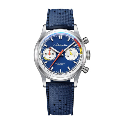 ★Saldi Anniversario★Orologio cronografo ADDIESDIVE VK64 da 38 mm ispirato alle corse AD2529 Quadrante bianco × quadrante blu scuro × cinturino FKM blu scuro