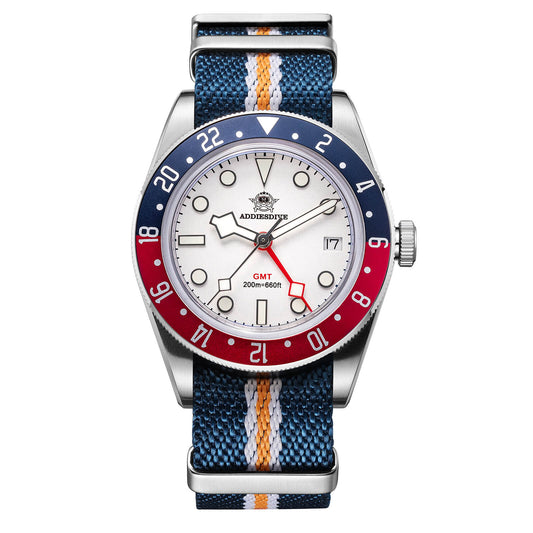 ★Saldi Anniversario★ADDIESDIVE 39mm Orologio al Quarzo BB58 GMT AD2044 Bianco Cinturino in nylon