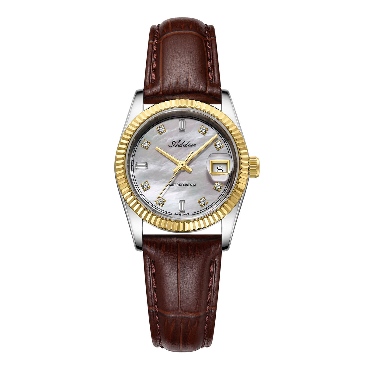 ★Nuovi Arrivi★Orologio da donna Addies da 28 mm con movimento al quarzo di lusso, modello AW25905 Oro e argento Cinturino in pelle