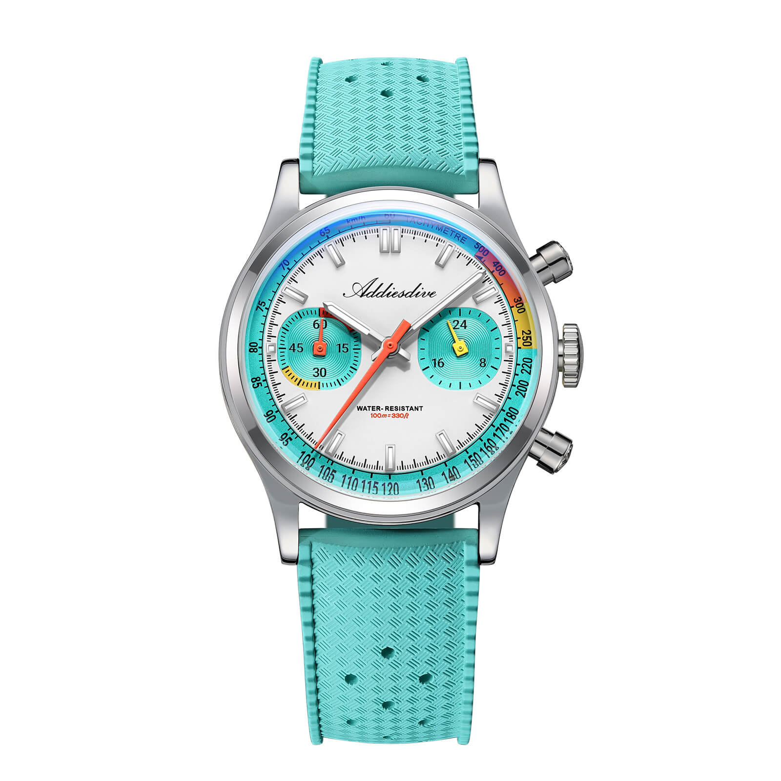 ★Saldi Anniversario★Orologio cronografo ADDIESDIVE VK64 da 38 mm ispirato alle corse AD2529 Quadrante azzurro × quadrante bianco × cinturino FKM azzurro