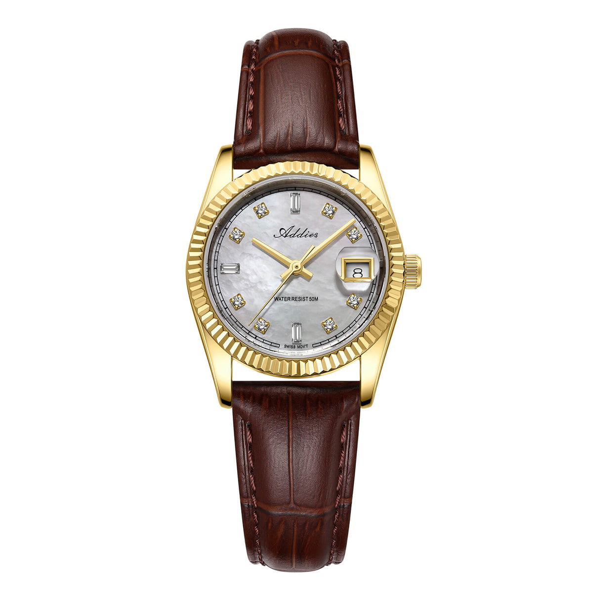 ★Nuovi Arrivi★Orologio da donna Addies da 28 mm con movimento al quarzo di lusso, modello AW25905 Oro Cinturino in pelle