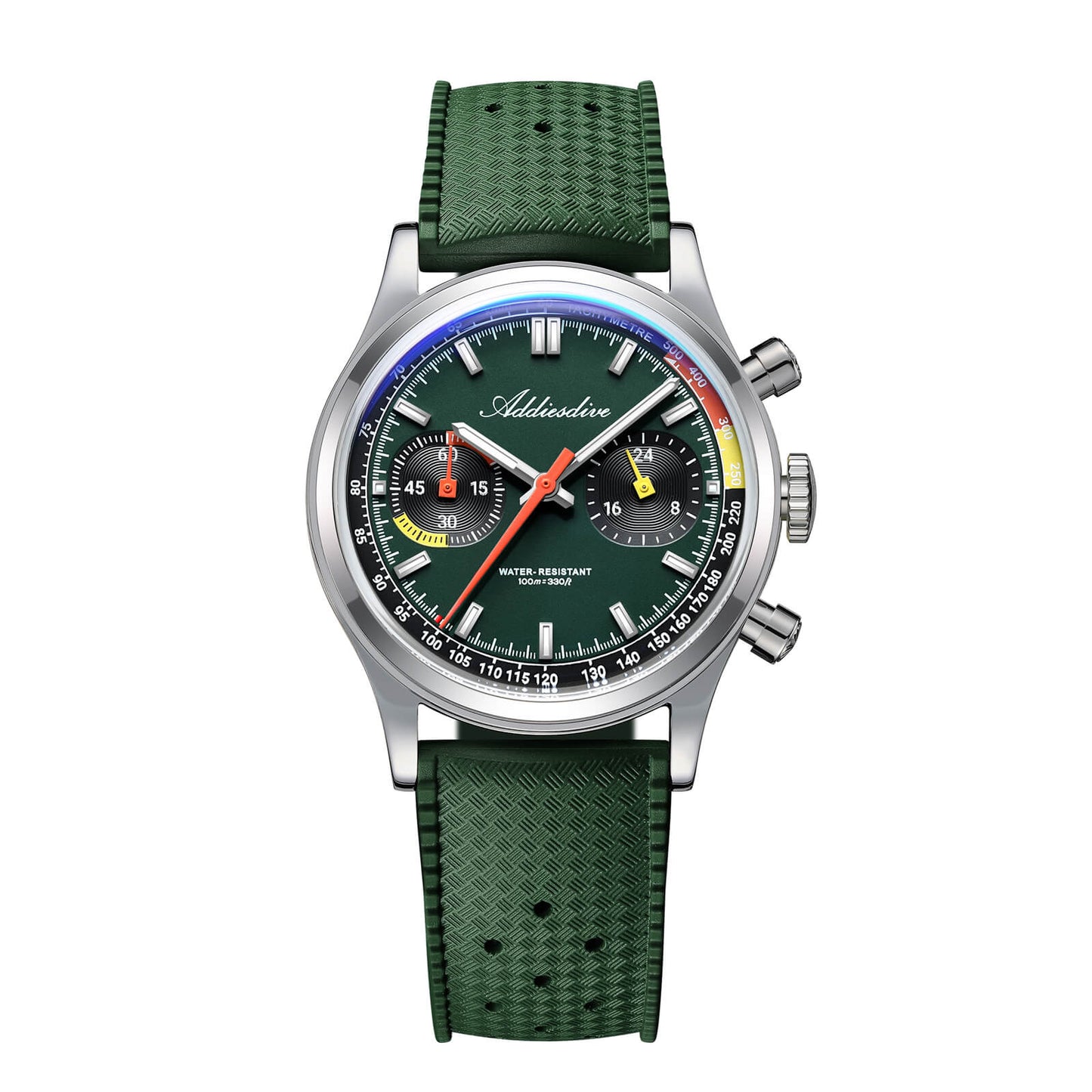 ★Saldi Anniversario★Orologio cronografo ADDIESDIVE VK64 da 38 mm ispirato alle corse AD2529 Quadrante nero × quadrante verde × cinturino FKM verde