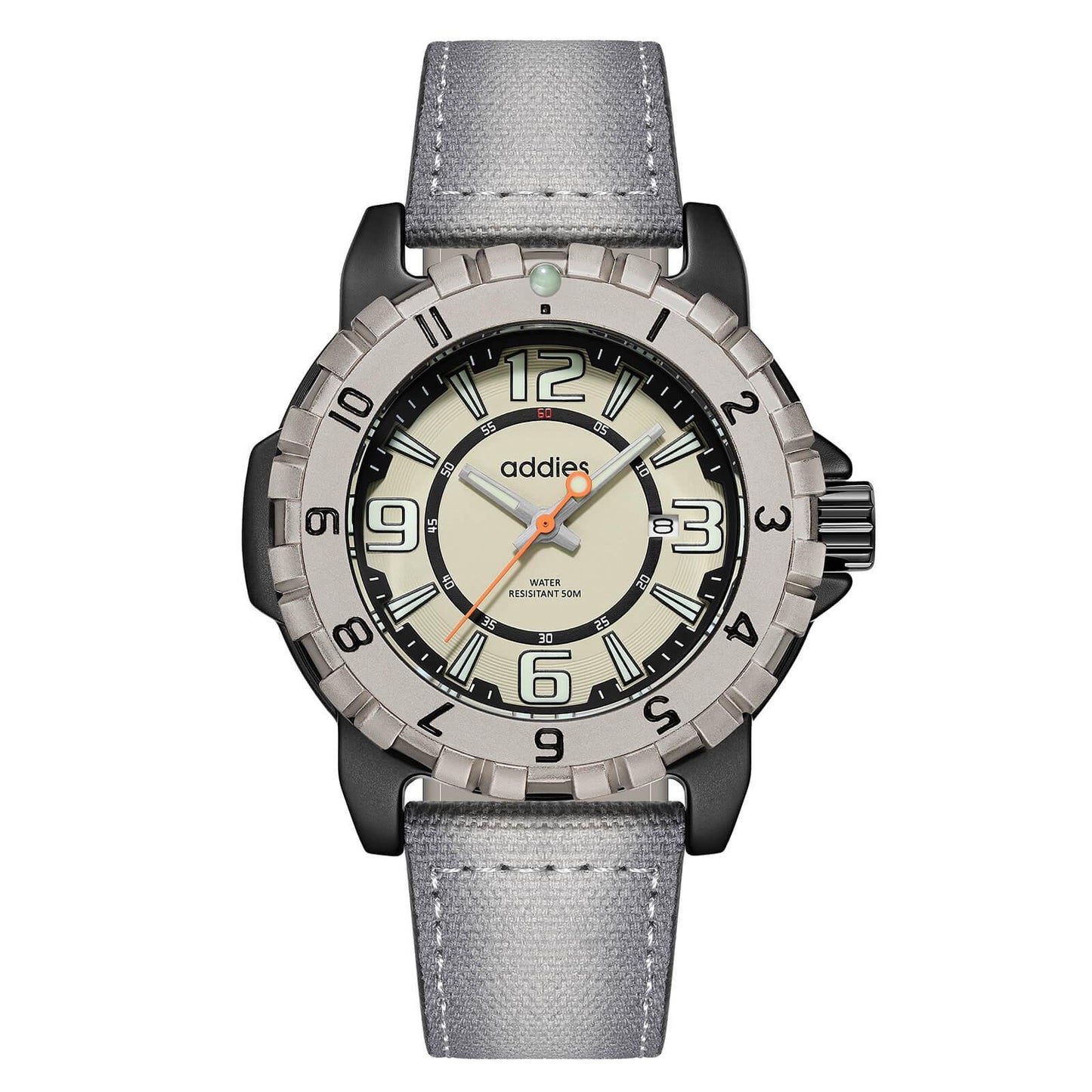 ADDIES Orologio Sportivo al Quarzo MY-057, Impermeabile Fino a 50 m Cassa nera ghiera color titanio quadrante cachi cinturino bianco