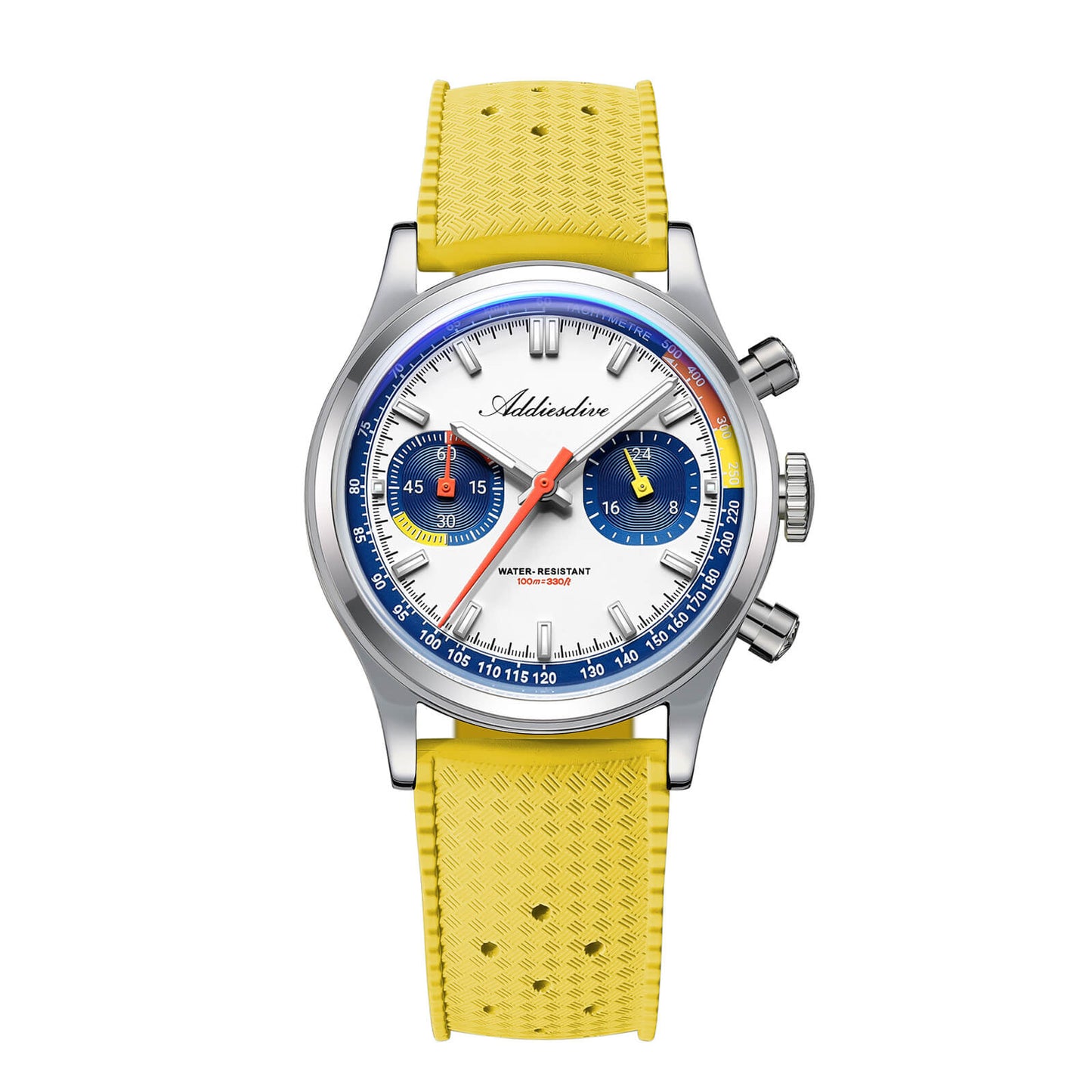★Saldi Anniversario★Orologio cronografo ADDIESDIVE VK64 da 38 mm ispirato alle corse AD2529 Quadrante blu scuro × quadrante bianco × cinturino FKM giallo