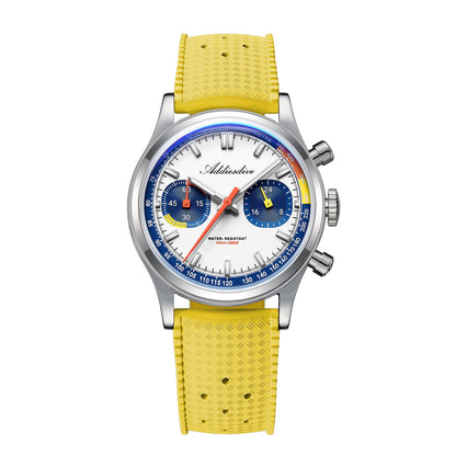 ★Saldi Anniversario★Orologio cronografo ADDIESDIVE VK64 da 38 mm ispirato alle corse AD2529 Quadrante blu scuro × quadrante bianco × cinturino FKM giallo