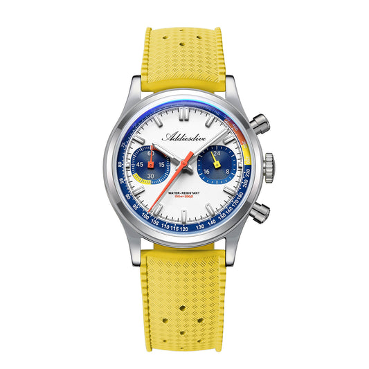 ★Saldi Anniversario★Orologio cronografo ADDIESDIVE VK64 da 38 mm ispirato alle corse AD2529 Quadrante blu scuro × quadrante bianco × cinturino FKM giallo