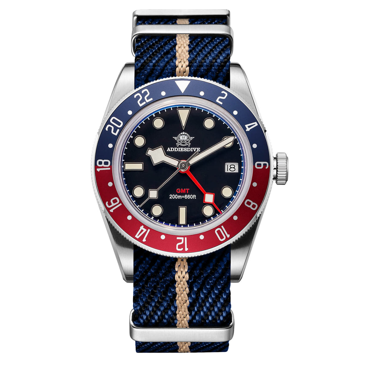 ★Saldi Anniversario★ADDIESDIVE 39mm Orologio al Quarzo BB58 GMT AD2044 Nero Cinturino in nylon