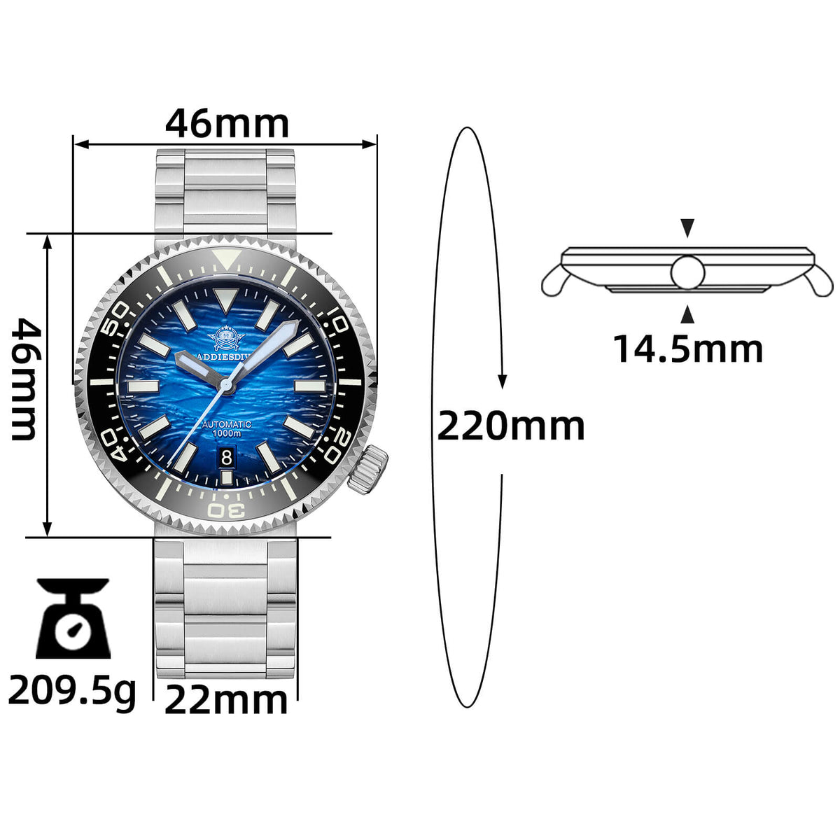 ★Speciale Capodanno★Addiesdive 46mm 1000m Orologio Subacqueo AD2069