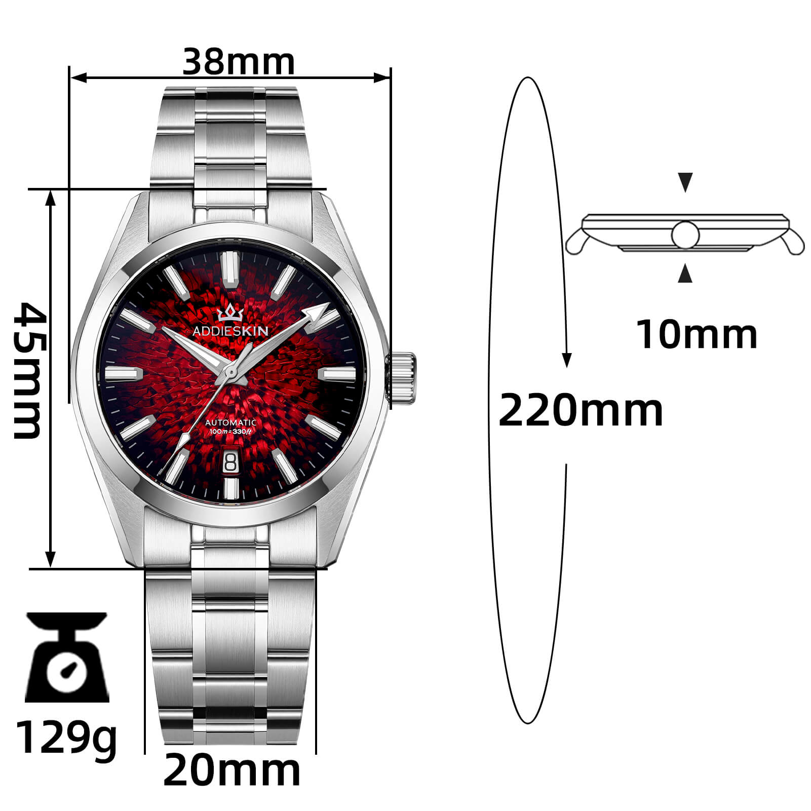 AddiesKIN Orologio da uomo K003 con quadrante effetto ghiaccio crepato, 38 mm, movimento Miyota 9015