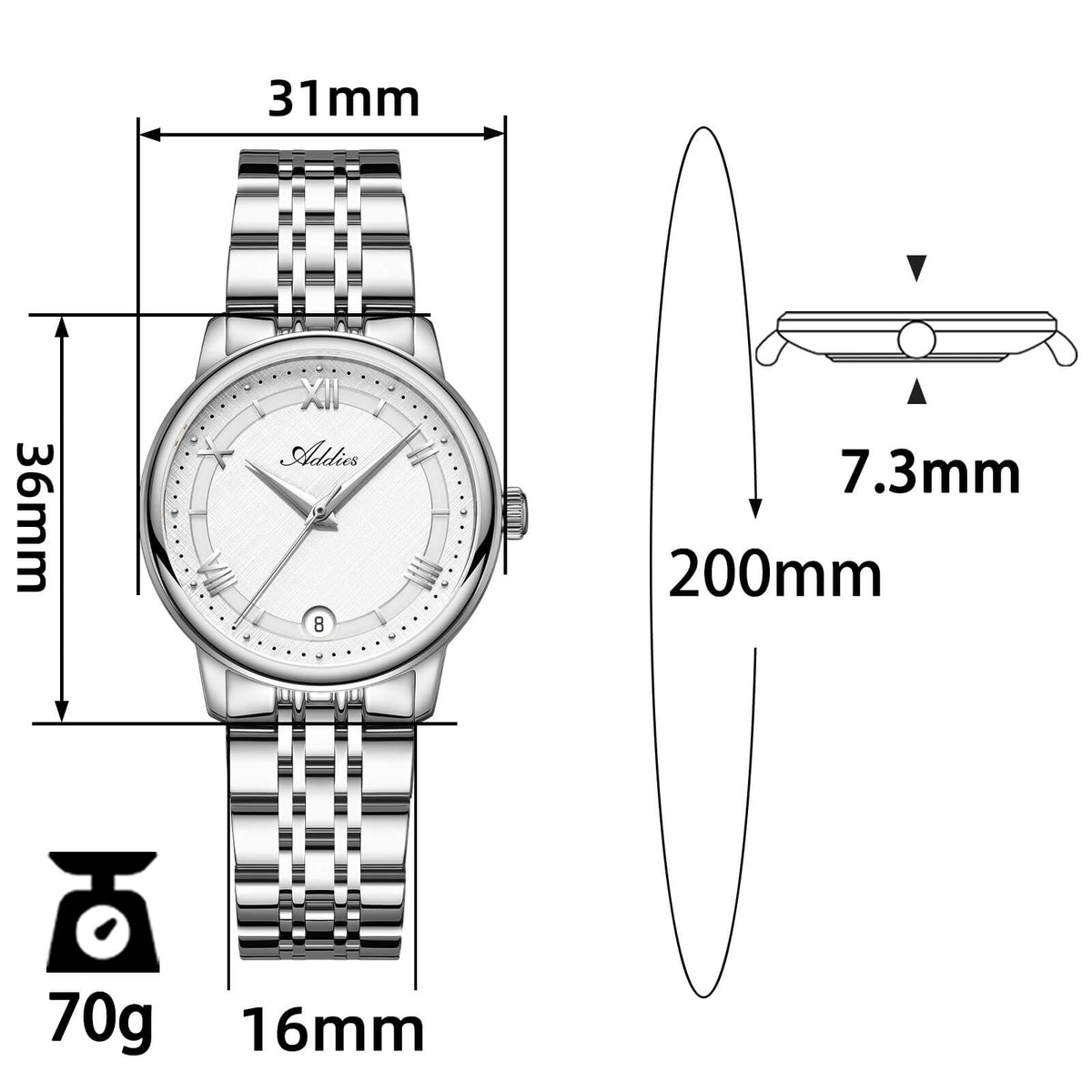Orologio da donna di lusso Addies, al quarzo, in acciaio inossidabile, 31 mm – AW25904