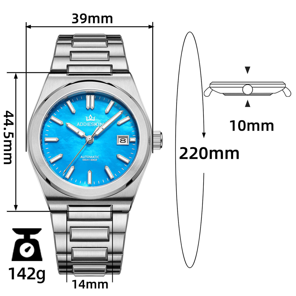 Orologio da uomo AddiesKIN K008 con quadrante in madreperla da 39 mm e movimento Miyota 9015.