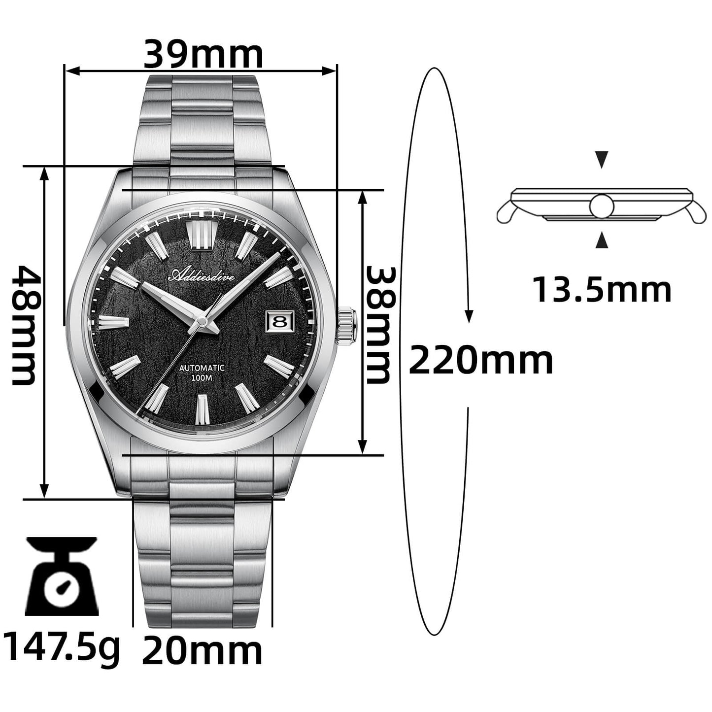 ADDIESDIVE 39mm Orologio Automatico NH35 con Quadrante 3D Bark Texture da AD2075