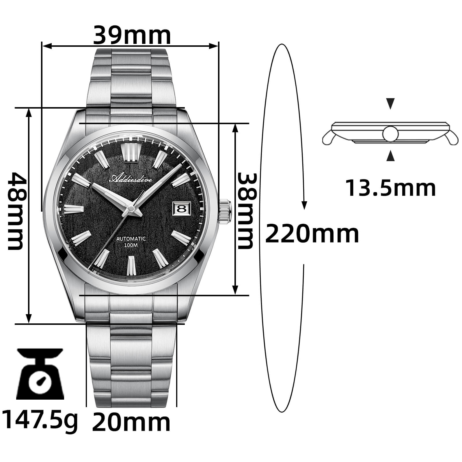 ADDIESDIVE 39mm Orologio Automatico NH35 con Quadrante 3D Bark Texture da AD2075