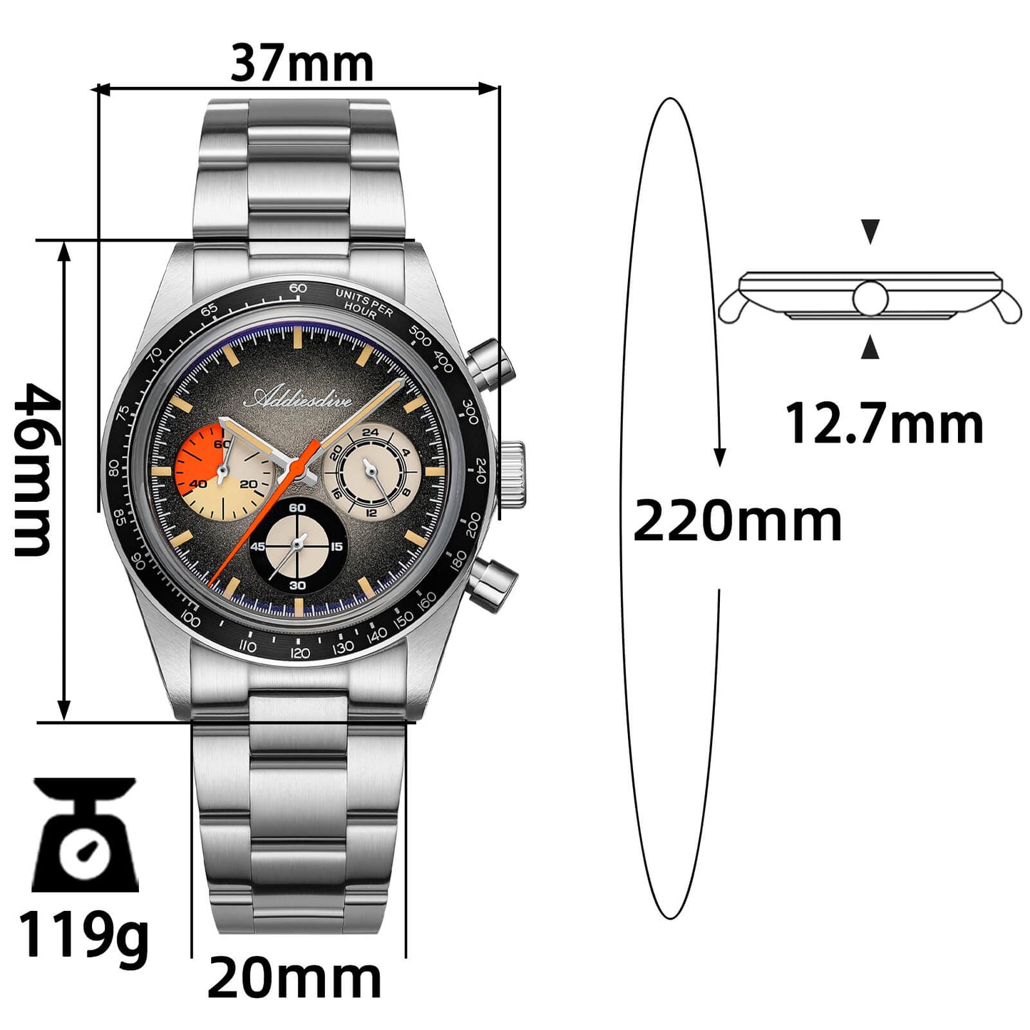 ADDIESDIVE 37mm Orologio Cronografo al Quarzo di Lusso AD2551