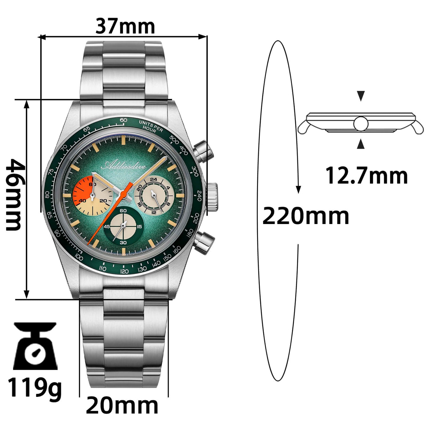 ADDIESDIVE 37mm Orologio Cronografo al Quarzo di Lusso AD2551