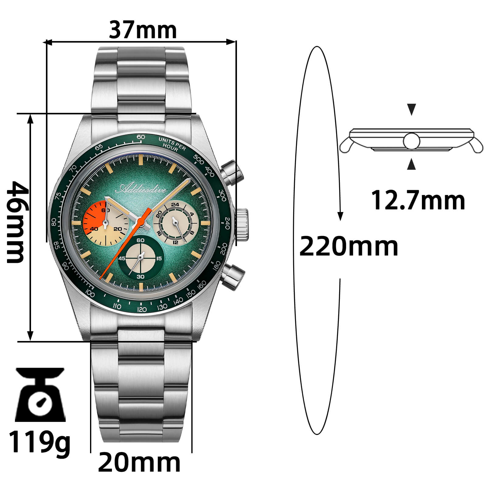 ADDIESDIVE 37mm Orologio Cronografo al Quarzo di Lusso AD2551