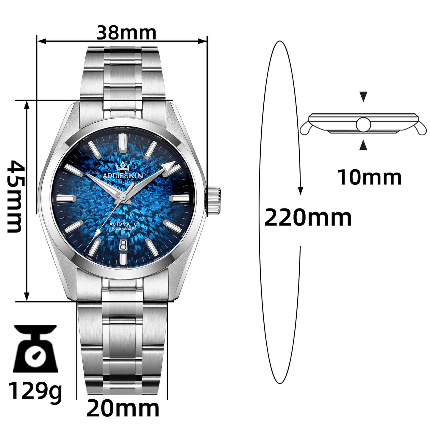 AddiesKIN Orologio da uomo K003 con quadrante effetto ghiaccio crepato, 38 mm, movimento Miyota 9015