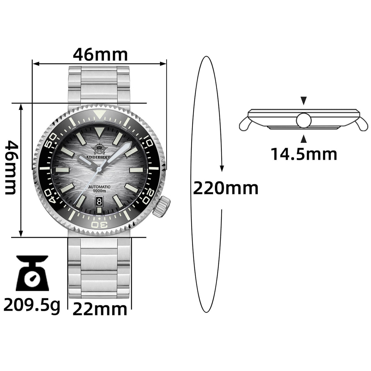 ★Speciale Capodanno★Addiesdive 46mm 1000m Orologio Subacqueo AD2069