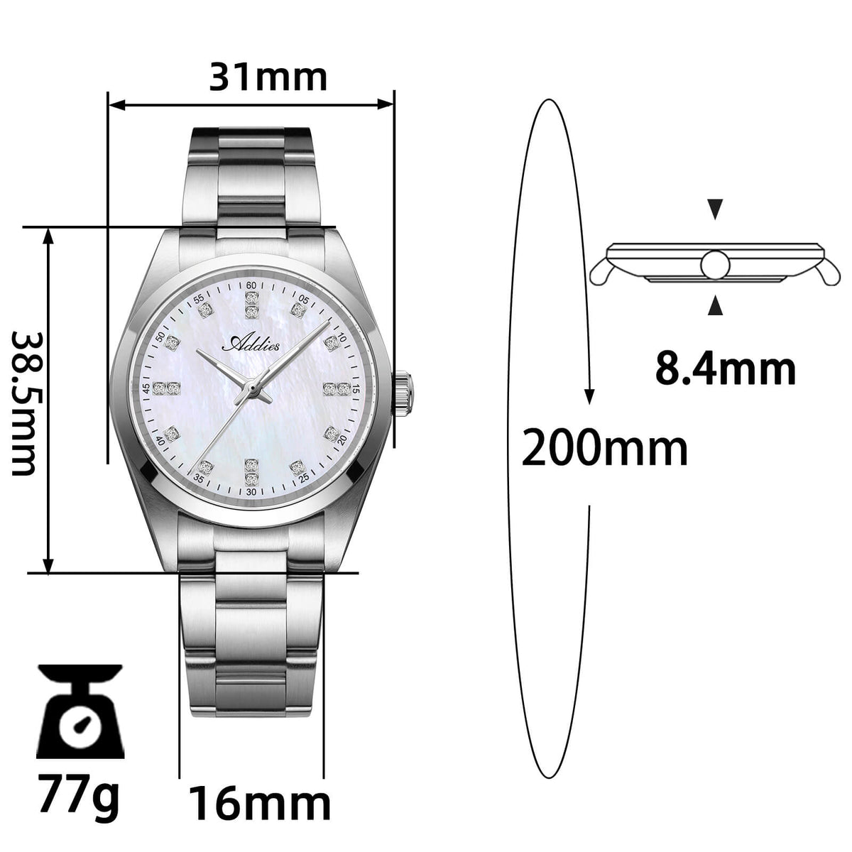 Orologio da donna di lusso Addies al quarzo in acciaio inox, 31 mm (AW25909)