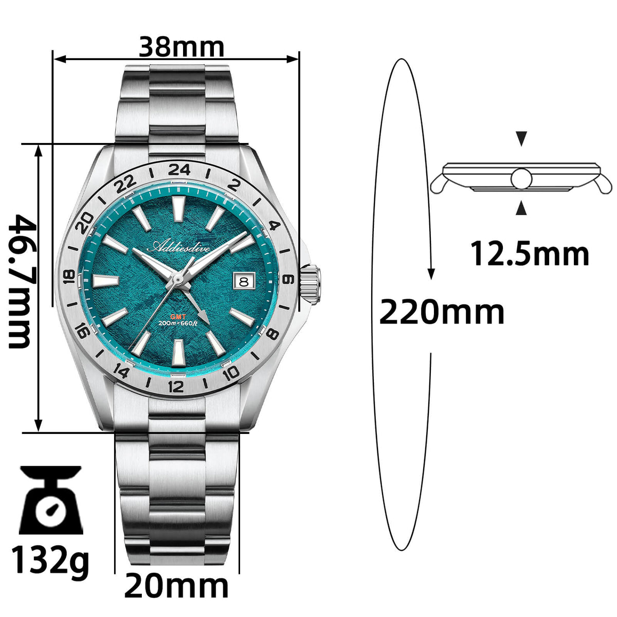 🔥SALDI D'AUTUNNO 🔥 ADDIESDIVE Orologio GMT al quarzo da 38 mm con movimento RONDA 515 (AD2548)