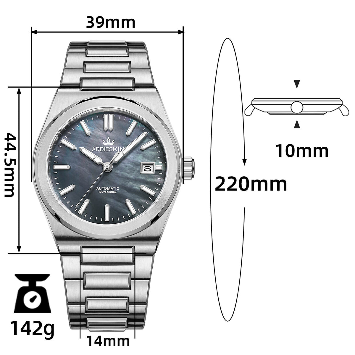 Orologio da uomo AddiesKIN K008 con quadrante in madreperla da 39 mm e movimento Miyota 9015.