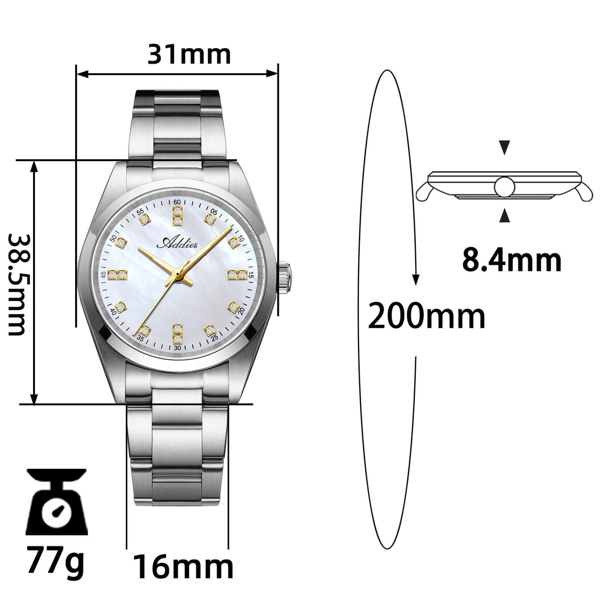Orologio da donna di lusso Addies al quarzo in acciaio inox, 31 mm (AW25909)