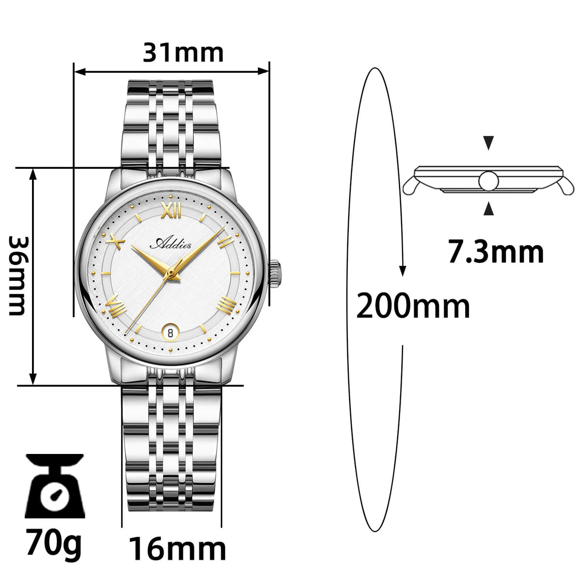 Orologio da donna di lusso Addies, al quarzo, in acciaio inossidabile, 31 mm – AW25904
