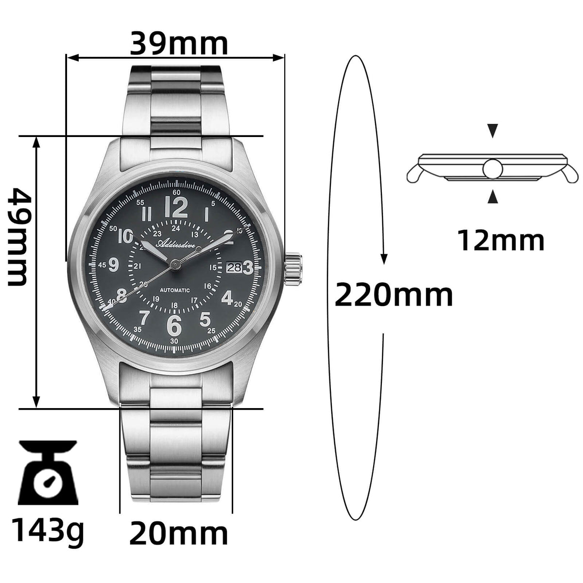 ADDIESDIVE Orologio automatico in cristallo di zaffiro da 39 mm Orologio da campo AD2074