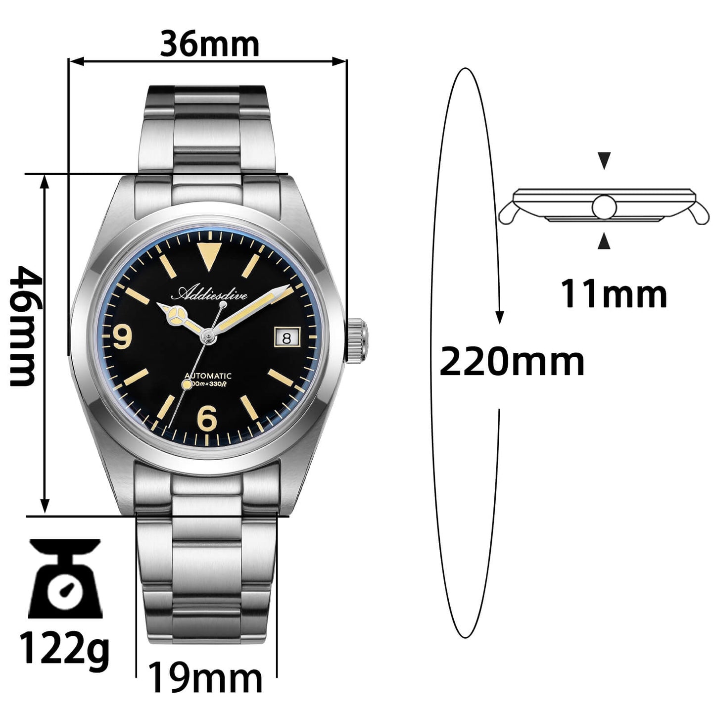 Orologio ADDIESDIVE 36mm AD2556 Automatico Stile Explorer con Movimento ST2130 e Vetro Zaffiro Bombato