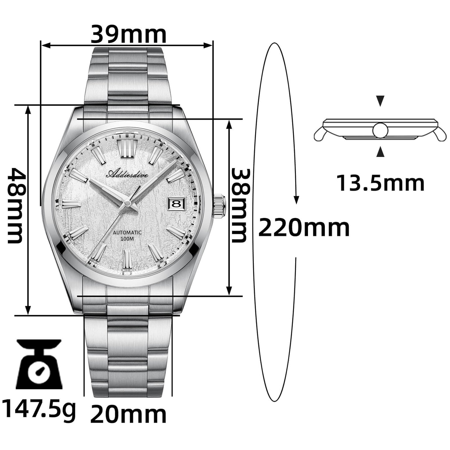 ADDIESDIVE 39mm Orologio Automatico NH35 con Quadrante 3D Bark Texture da AD2075