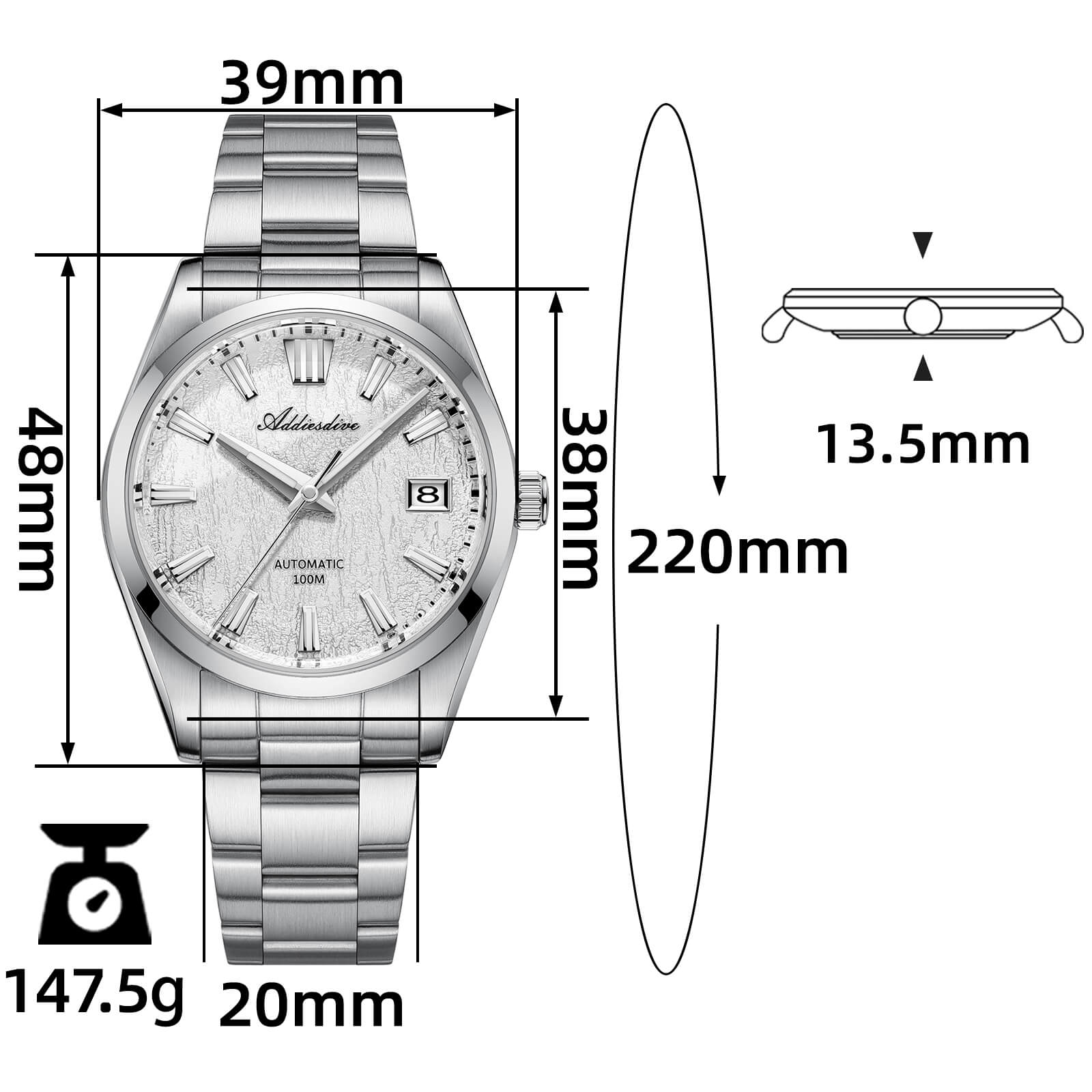 ADDIESDIVE 39mm Orologio Automatico NH35 con Quadrante 3D Bark Texture da AD2075