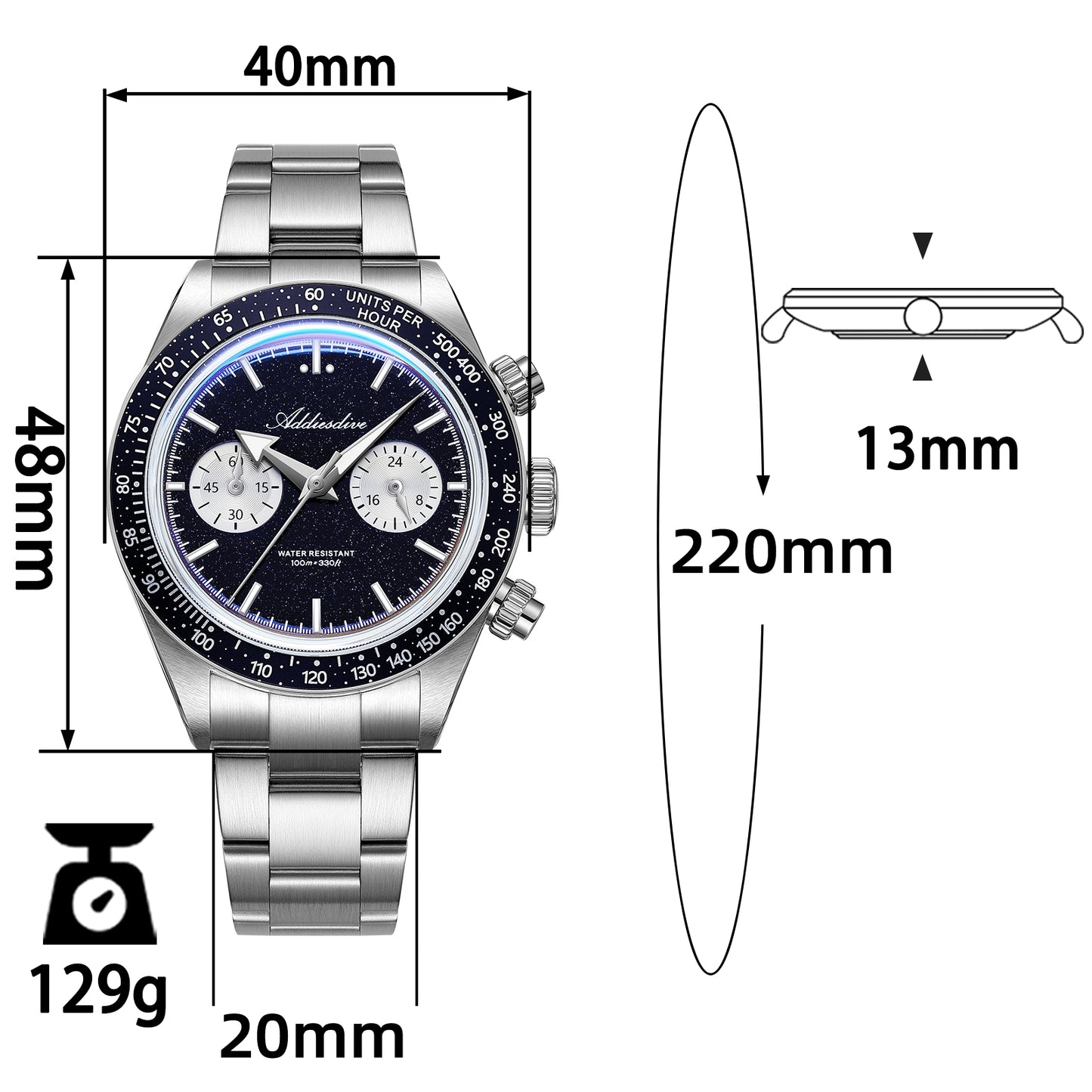 Orologio cronografo ADDIESDIVE 40mm con quadrante in pietra stellaria blu (Blue Goldstone) e movimento VK64 AD2558