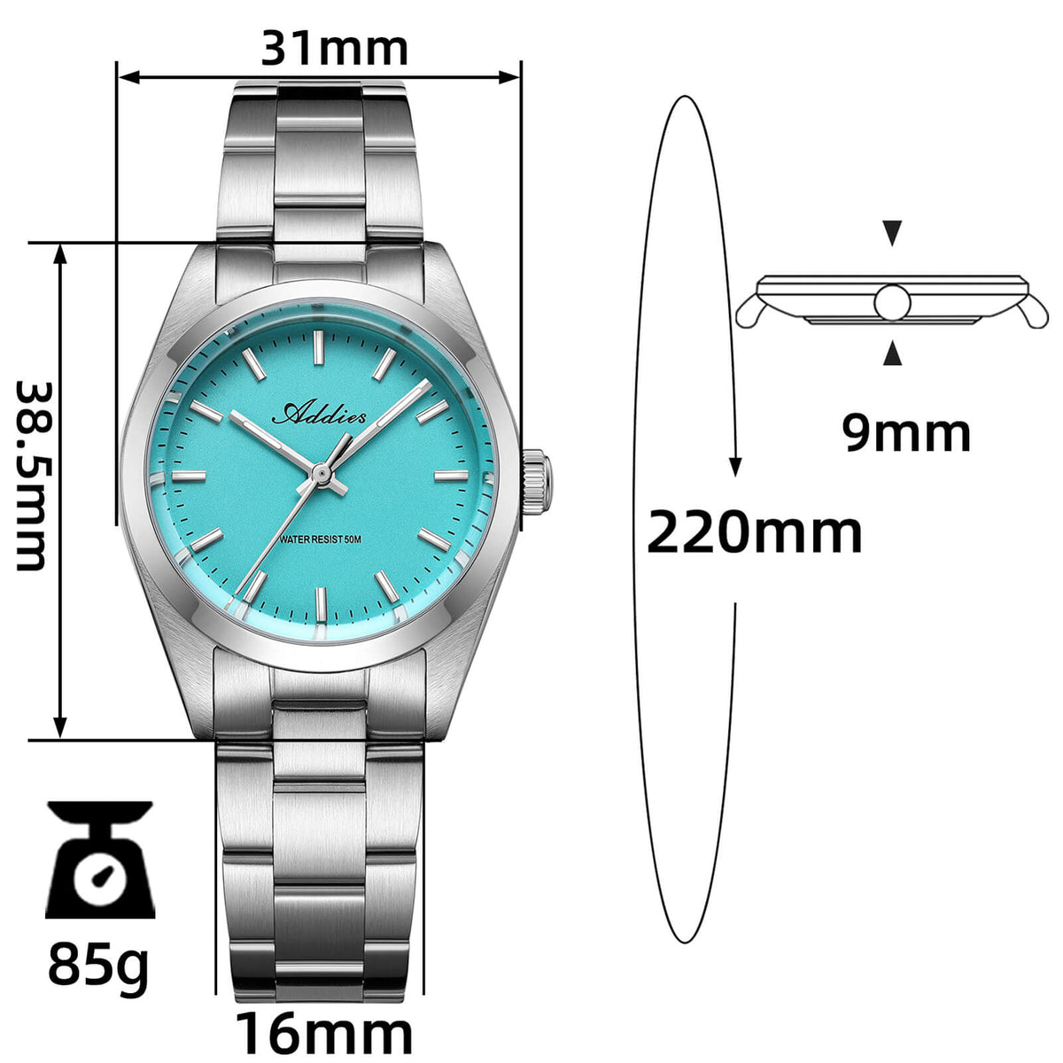 Orologio da donna di lusso Addies, al quarzo, in acciaio inossidabile, 31 mm – AW25903