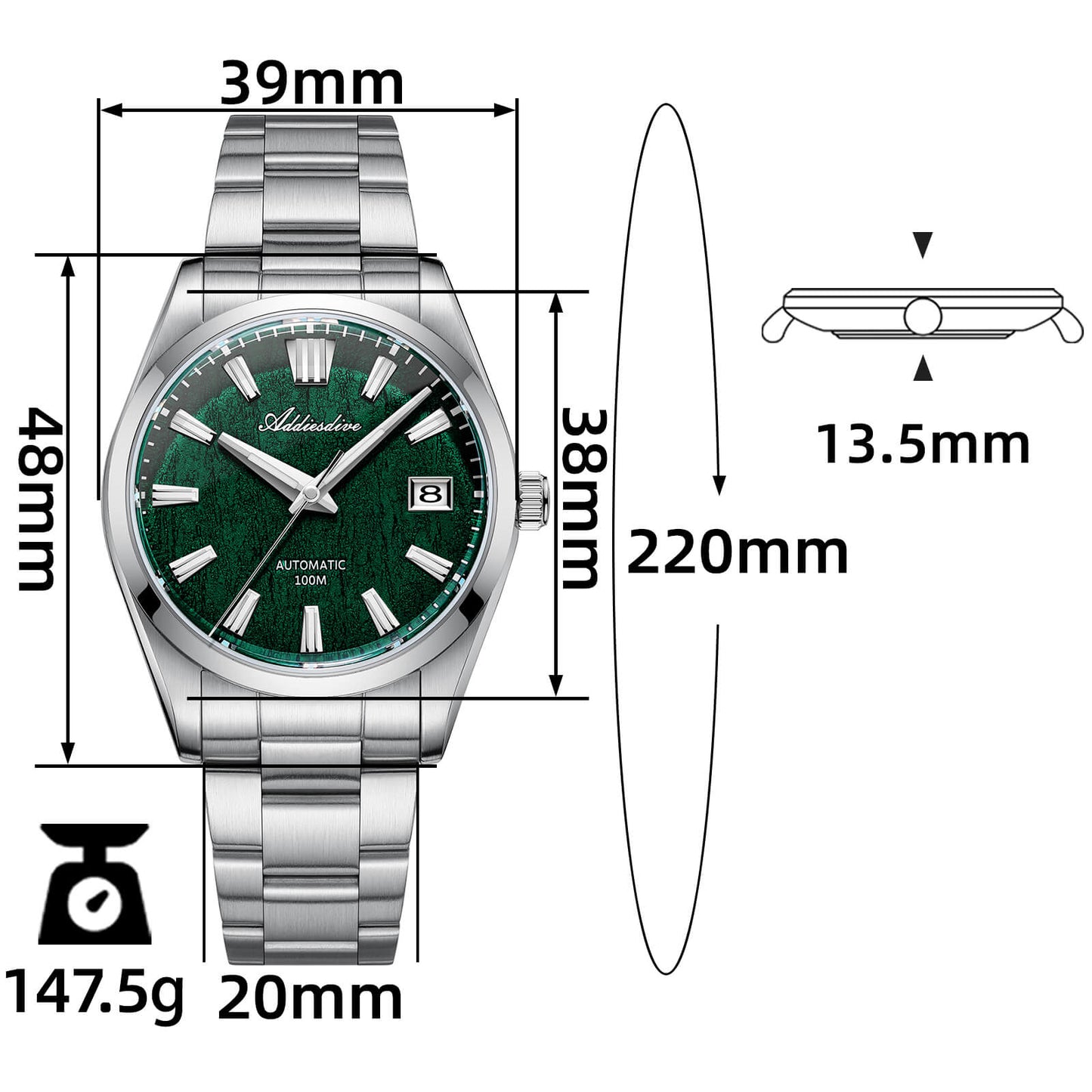 ADDIESDIVE 39mm Orologio Automatico NH35 con Quadrante 3D Bark Texture da AD2075