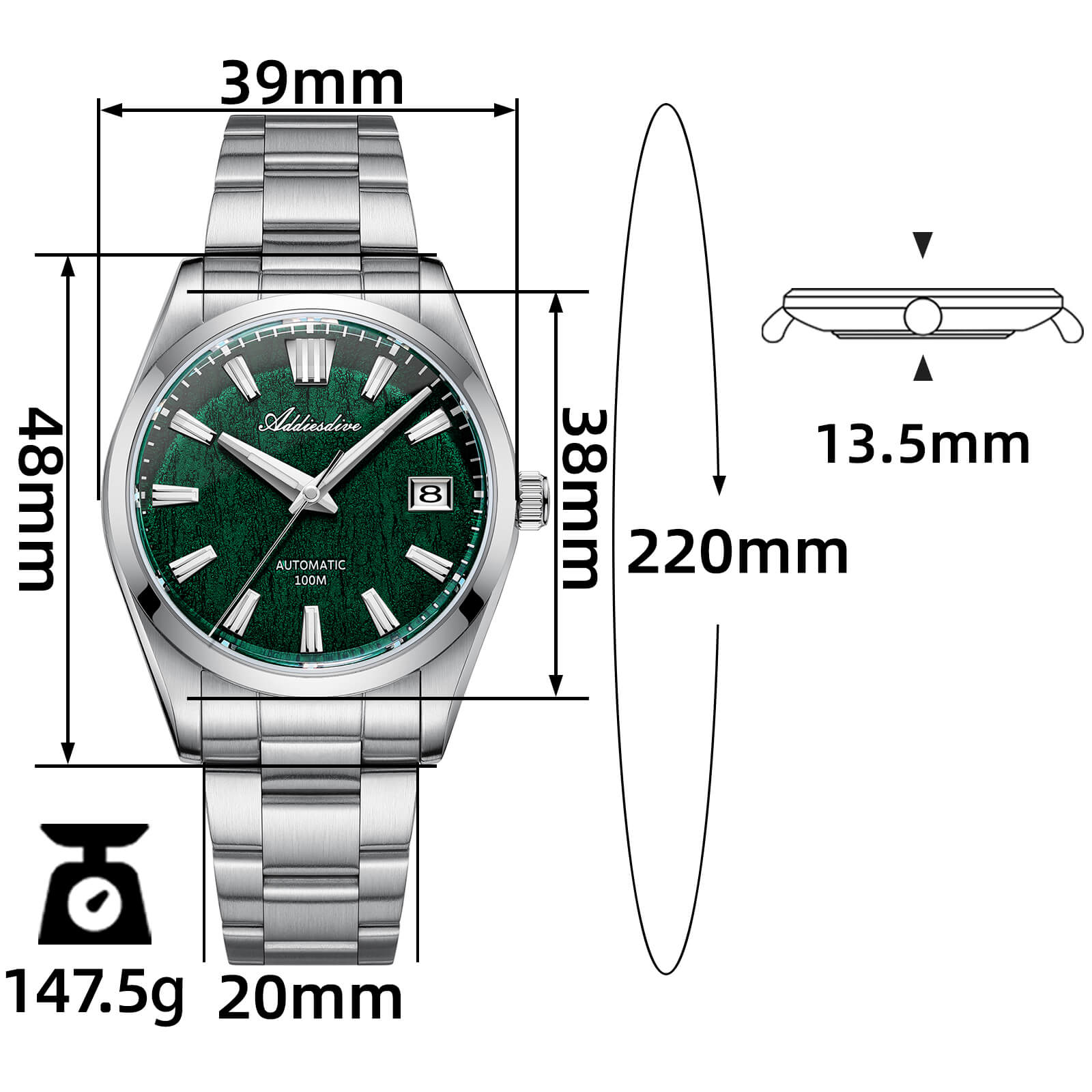 ADDIESDIVE 39mm Orologio Automatico NH35 con Quadrante 3D Bark Texture da AD2075
