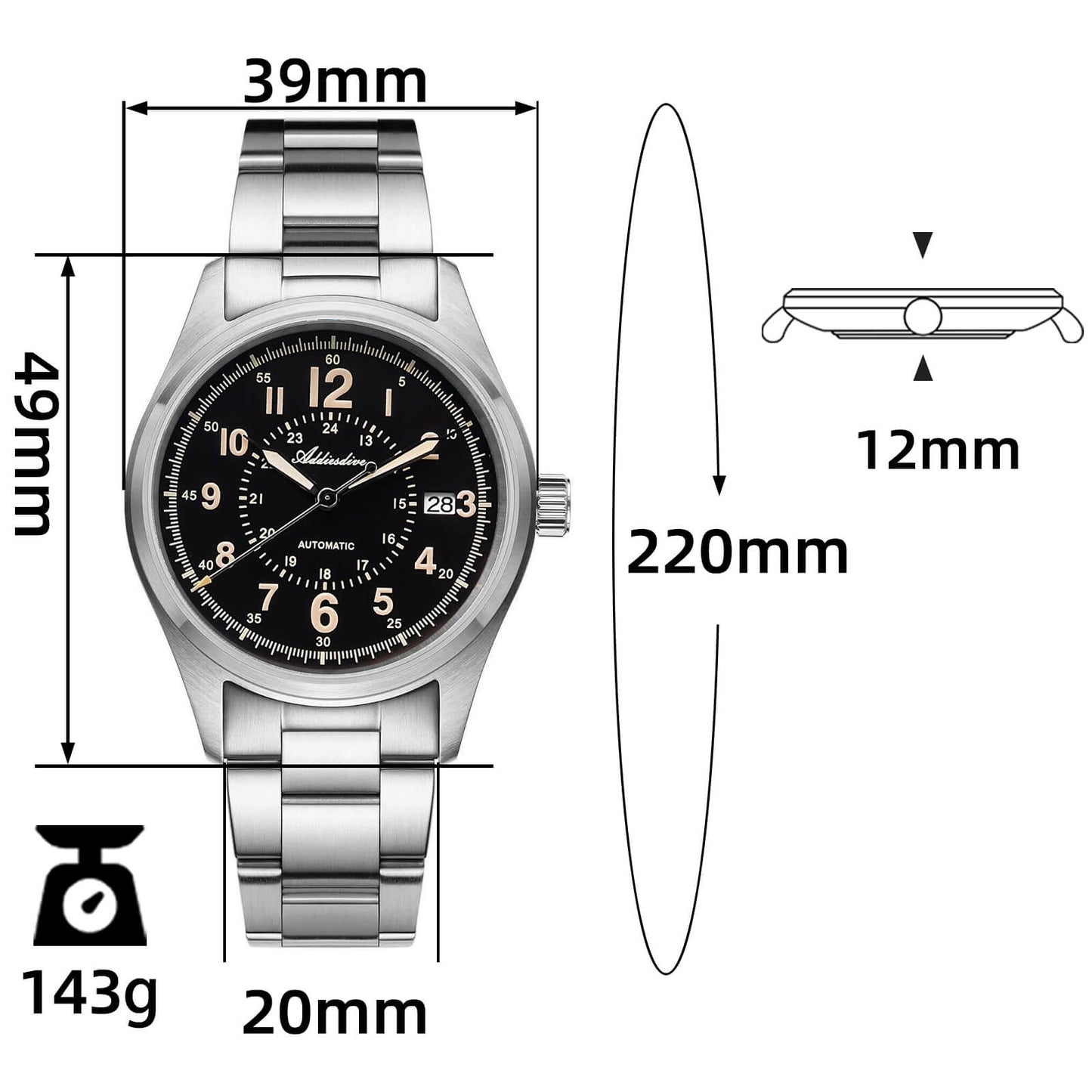 ★Magazzino Italia★ADDIESDIVE Orologio automatico in cristallo di zaffiro da 39 mm Orologio da campo AD2074