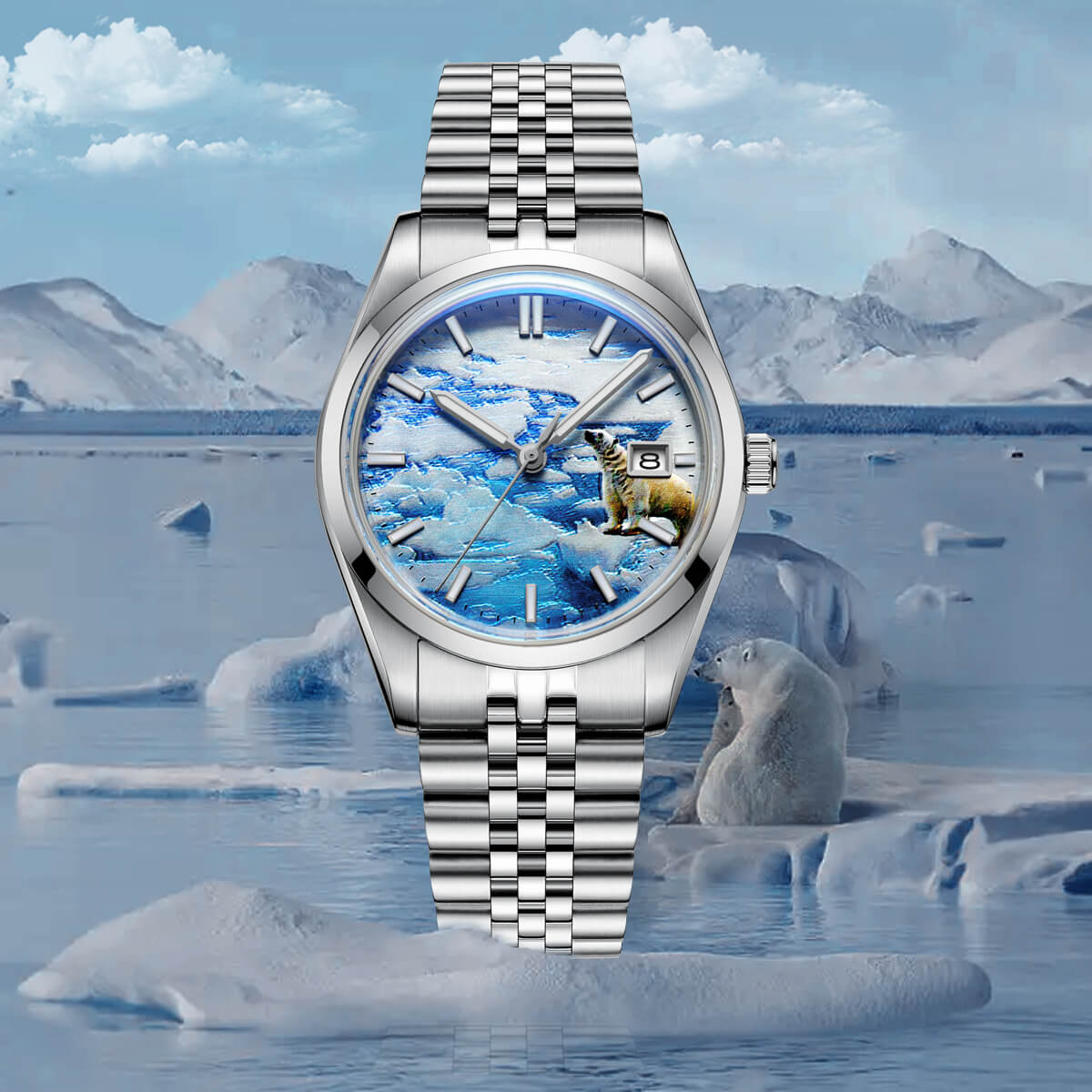 Addiesdive 39mm Orologio Automatico 3D Glacier Polar Bear Dial AD2042