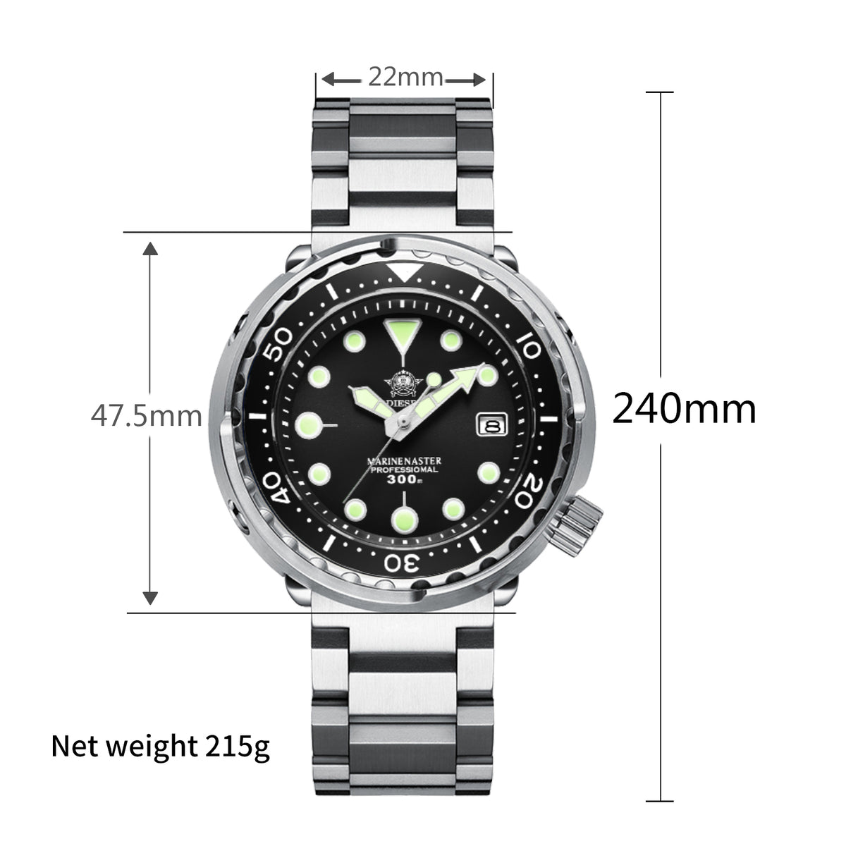★Magazzino italiano★ Orologio subacqueo meccanico automatico ADDIESDIVE® Tuna Series, impermeabile fino a 300 m, nero (Modello: AD2522)
