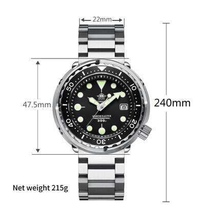 ★Magazzino italiano★ Orologio subacqueo meccanico automatico ADDIESDIVE® Tuna Series, impermeabile fino a 300 m, nero (Modello: AD2522)