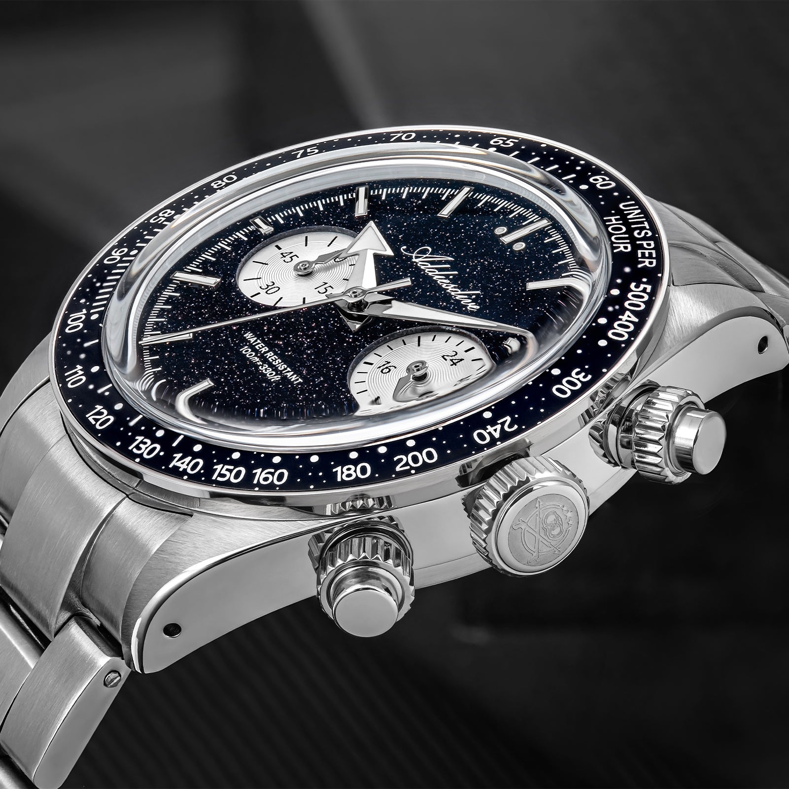 Orologio cronografo ADDIESDIVE 40mm con quadrante in pietra stellaria blu (Blue Goldstone) e movimento VK64 AD2558