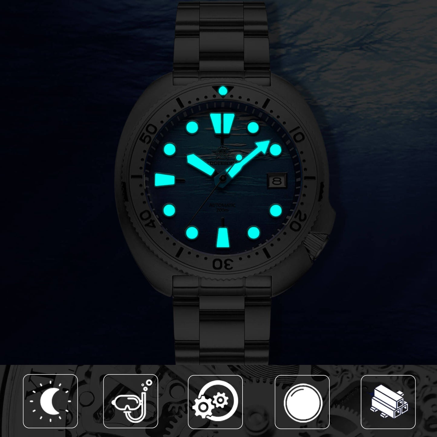 ADDIESDIVE Orologio subacqueo con quadrante 3D con tartaruga di mare profondo （AD2045）