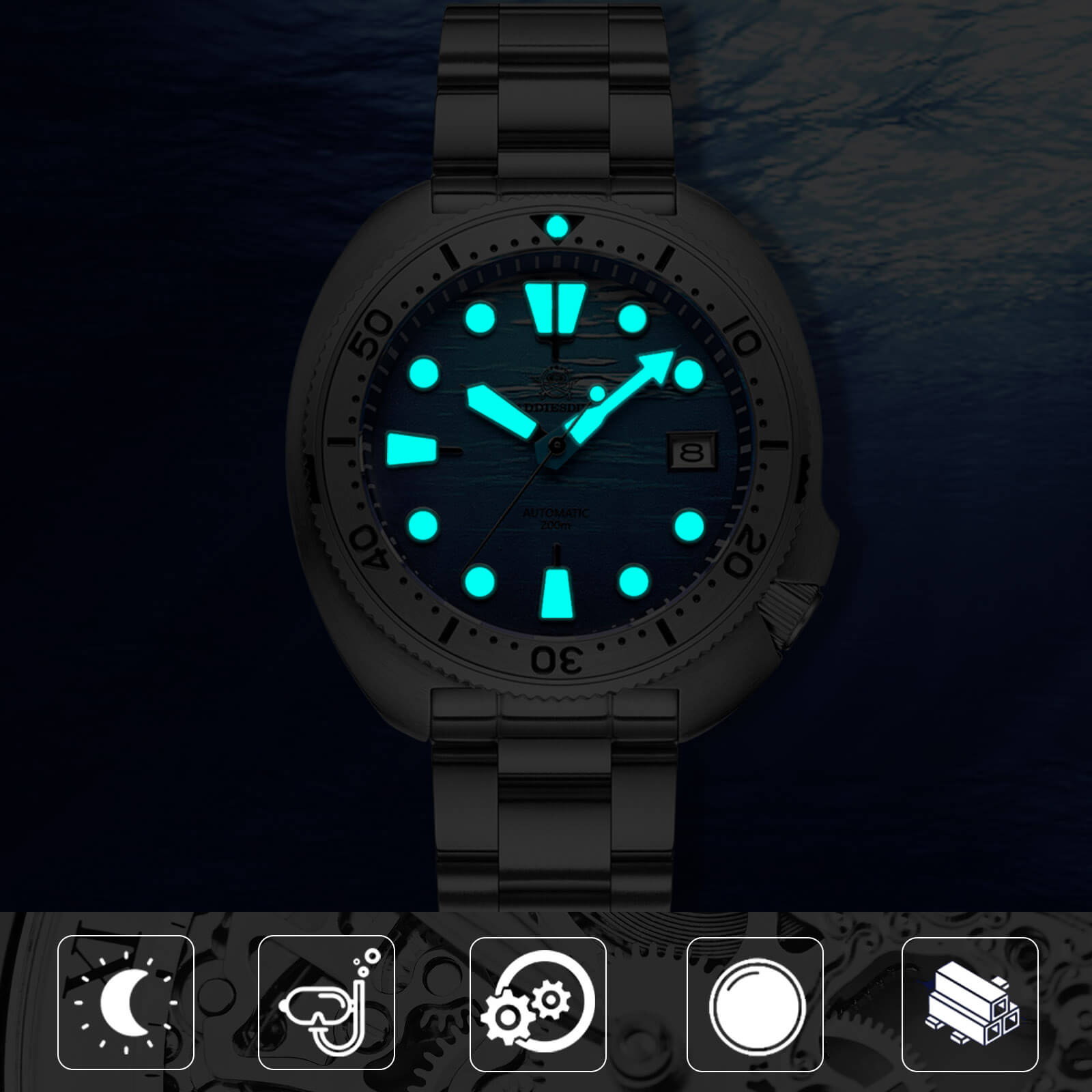 ADDIESDIVE Orologio subacqueo con quadrante 3D con tartaruga di mare profondo （AD2045）