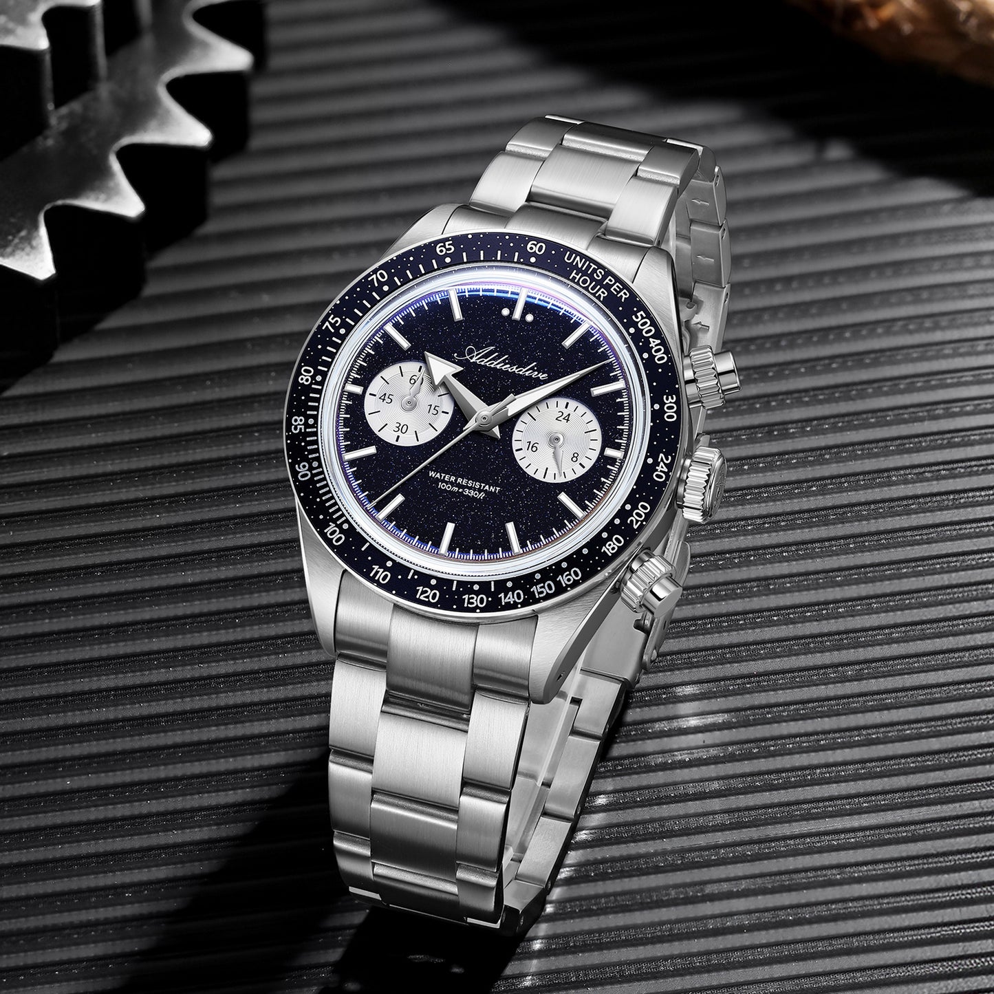 Orologio cronografo ADDIESDIVE 40mm con quadrante in pietra stellaria blu (Blue Goldstone) e movimento VK64 AD2558