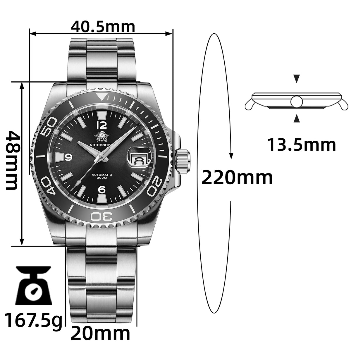 Orologio subacqueo automatico da uomo Addiesdive con BGW9 Super Lume AD2085