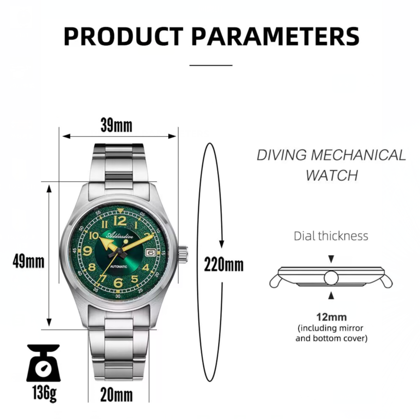 ★Xmas Special Offers★ADDIESDIVE 39mm Explore Orologio Meccanico Retrò da Uomo AD2055